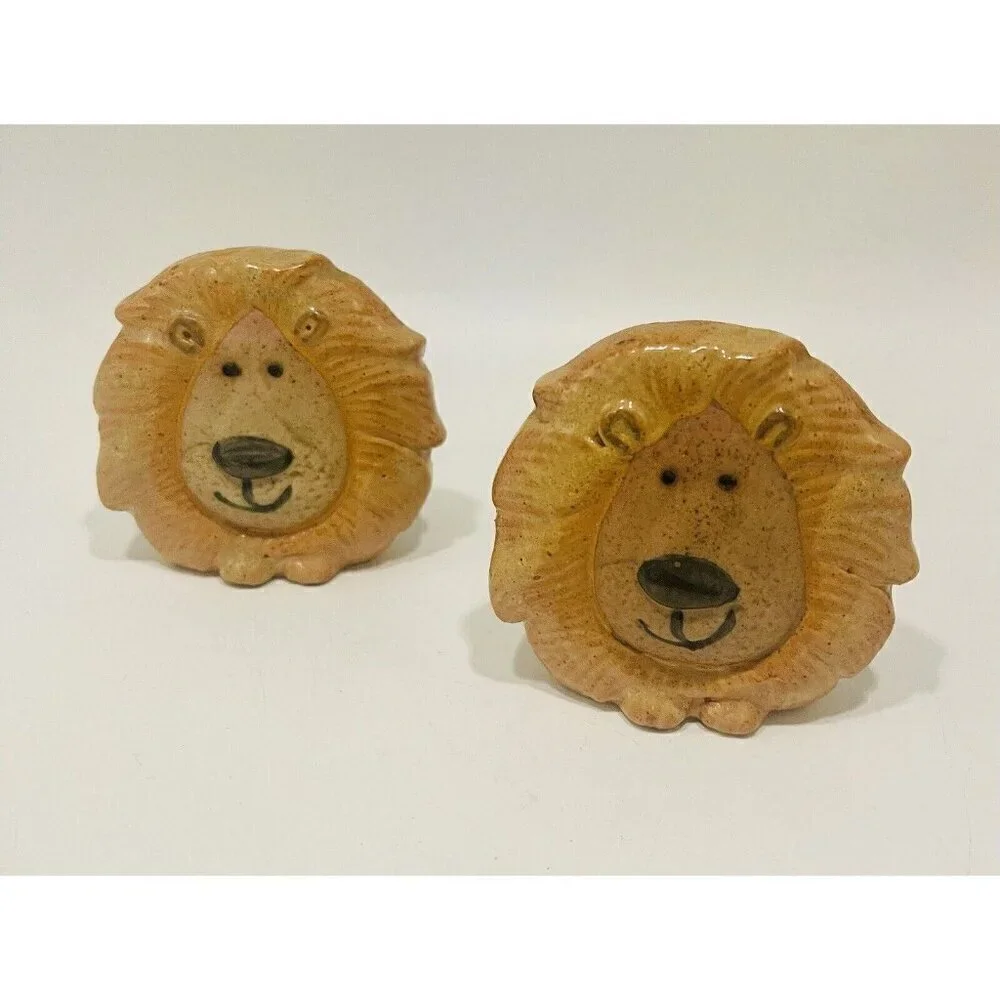 Vintage Lion Napkin Rings Stoneware Zoo Holders  Ceramic Safari Animals Pottery